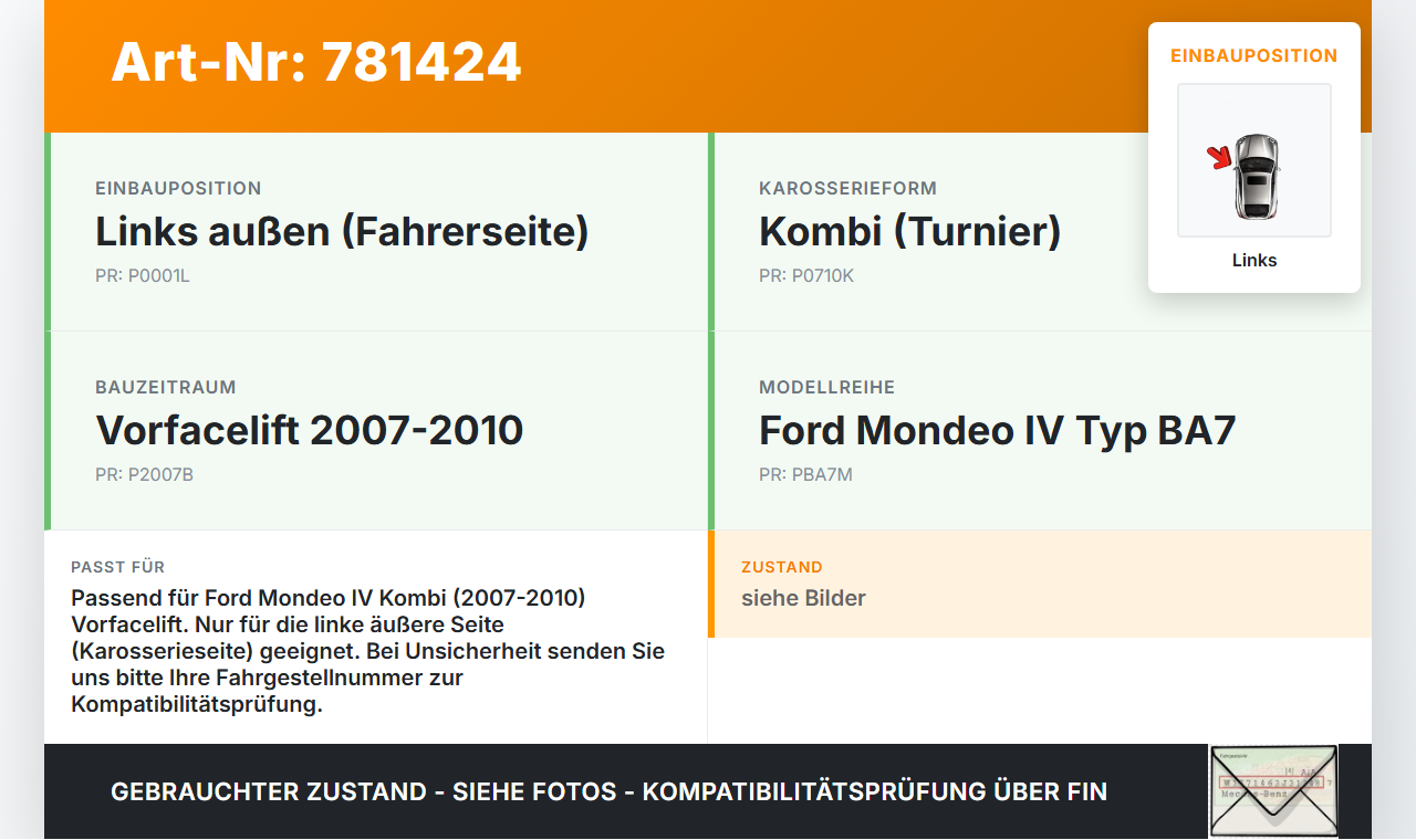Ford Mondeo IV BA7 07-10 Kombi Rückleuchte Rücklicht Heckleuchte Links orig Ford Mondeo IV BA7 07-10 25.01.2009... Vorschau 3