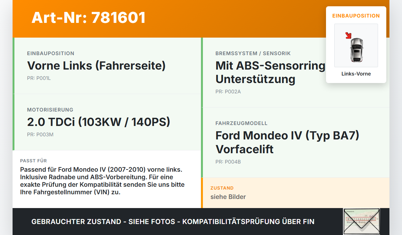 Ford Mondeo IV BA7 07-10 TDCi 2,0 103KW Achsschenkel Radnabe mit ABS Links Vorne Ford Mondeo IV BA7 07-10... Vorschau 3