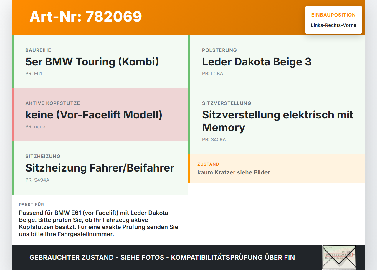 BMW E61 530d 04-07 Leder Kopfstütze für Fahrer Sitz Rechts oder Links Vorne Beige BMW E61 530d 04-07 24.01.2005... Vorschau 3