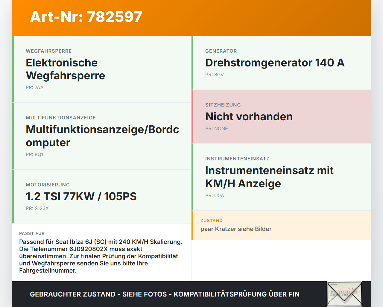 Seat Ibiza SC 6J 08-12 TSI 1,2 77KW Kombiinstrument Tacho Seat Ibiza SC 6J 08-12 28.04.2011 6J0920802 6J0920802X... Vorschau 3