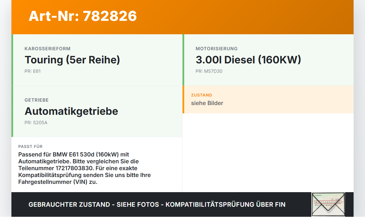 BMW E61 530d 04-07 3,0d 160KW Ölkühler BMW E61 530d 04-07 24.01.2005 7803830 17217803830 2249465 2249465-08... Vorschau 3