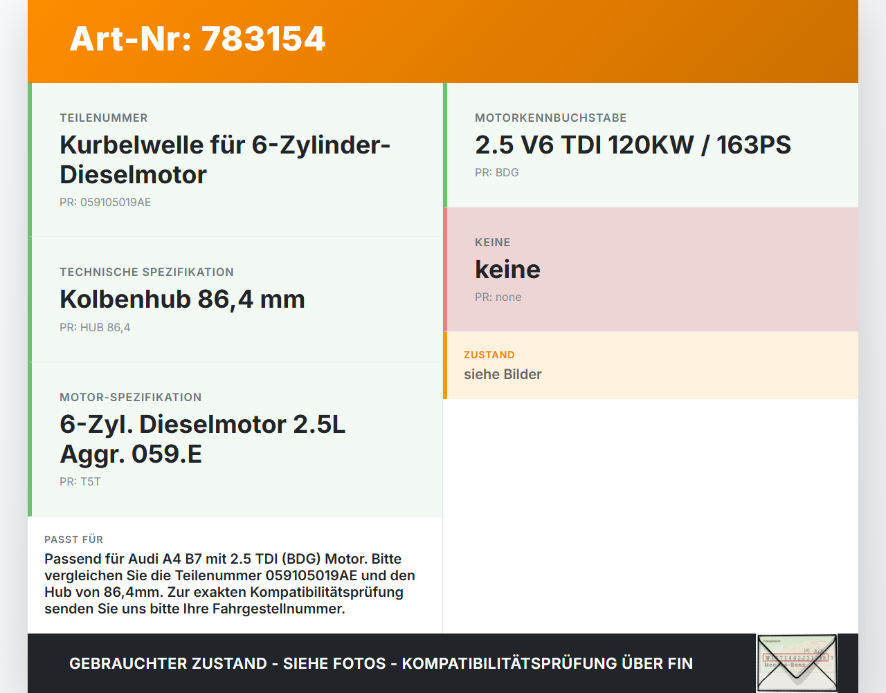 Audi A4 B7 04-07 TDI 2,5 120KW BDG Kurbelwelle HUB 86,4 Audi A4 B7 04-07 21.02.2005 059105019AE gebraucht Vorschau 3