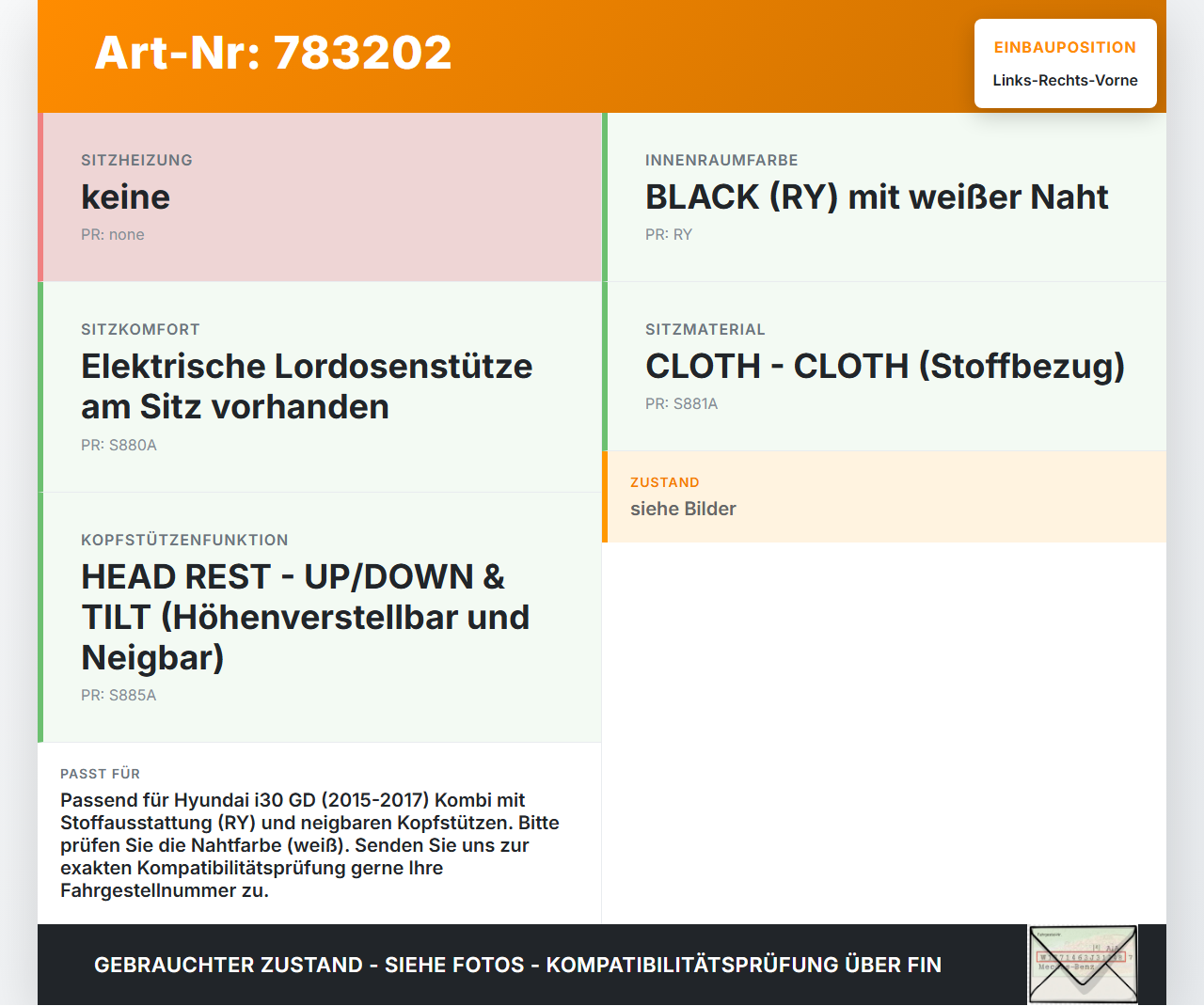 Hyundai I30 GD 15-17 Kopfstütze für Fahrer Sitz Rechts oder Links Vorne weiße Naht Hyundai I30 GD 15-17 14.10.2015... Vorschau 3