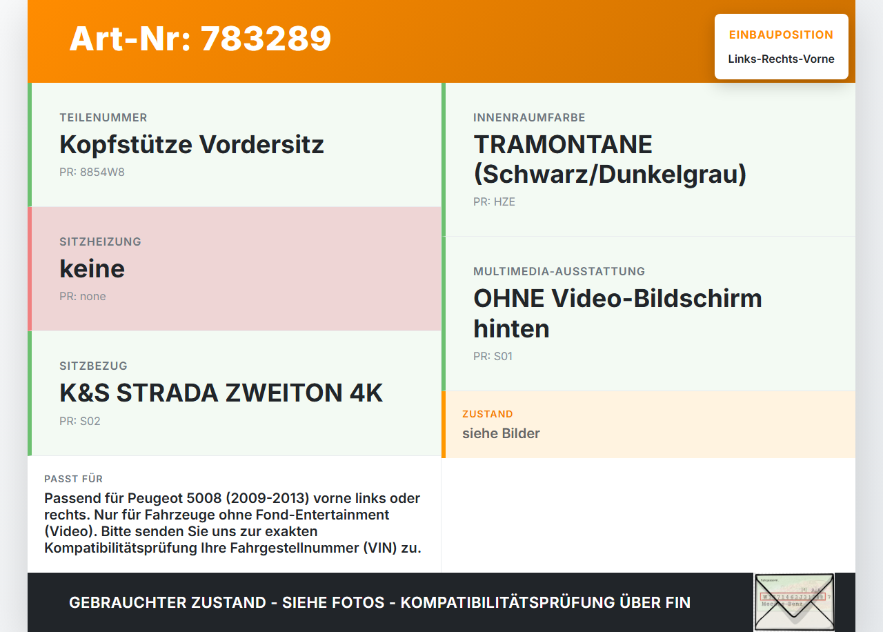 Peugeot 5008 09-13 Kopfstütze für Beifahrer Sitz Rechts oder Links Vorne Peugeot 5008 09-13 12.01.2011 8854W8 gebraucht Vorschau 3