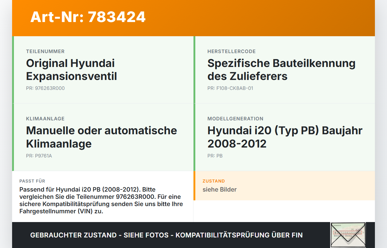 Hyundai I20 PB 08-12 Expansionsventil für Klima Hyundai I20 PB 08-12 31.07.2011 976263R000 F108-CK8AB-01 gebraucht Vorschau 3