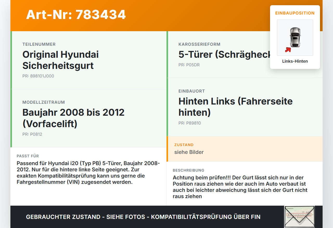 Hyundai I20 PB 08-12 5T Gurt Sicherheitsgurt Links Hinten Hyundai I20 PB 08-12 31.07.2011 898101J000 89810-1J000... Vorschau 3