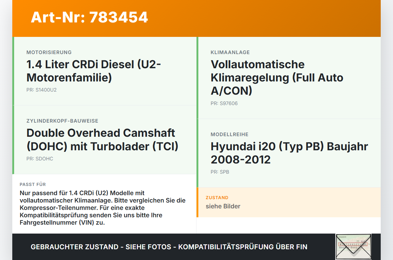 Hyundai I20 PB 08-12 CRDi 1,4 66KW Klimakompressor Klima Kompressor Hyundai I20 PB 08-12 31.07.2011 97701-2K201... Vorschau 3