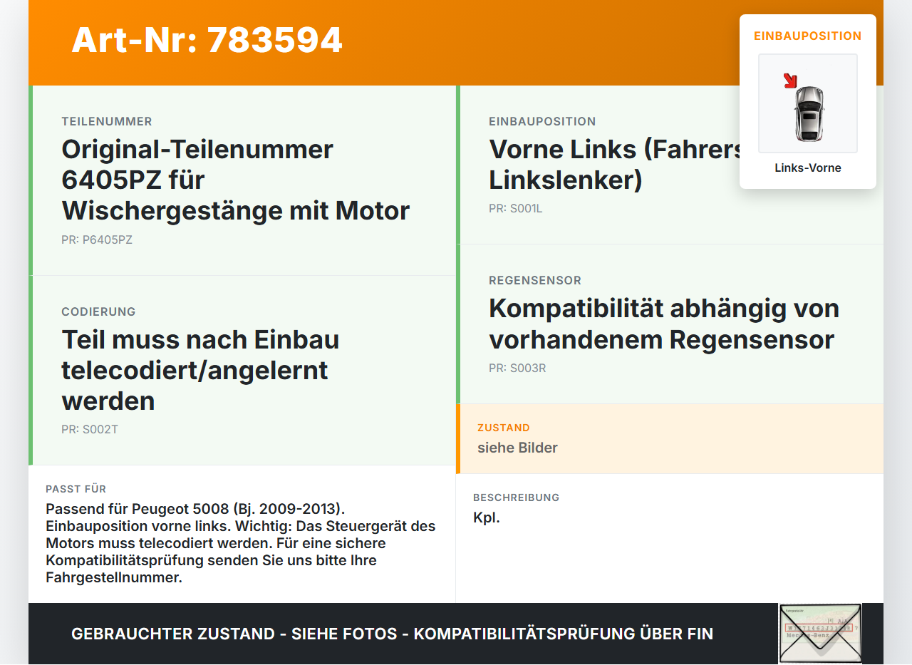 Peugeot 5008 09-13 Wischermotor m. Wischergestänge Vorne Links Peugeot 5008 09-13 12.01.2011 6405PZ 9671062180... Vorschau 3