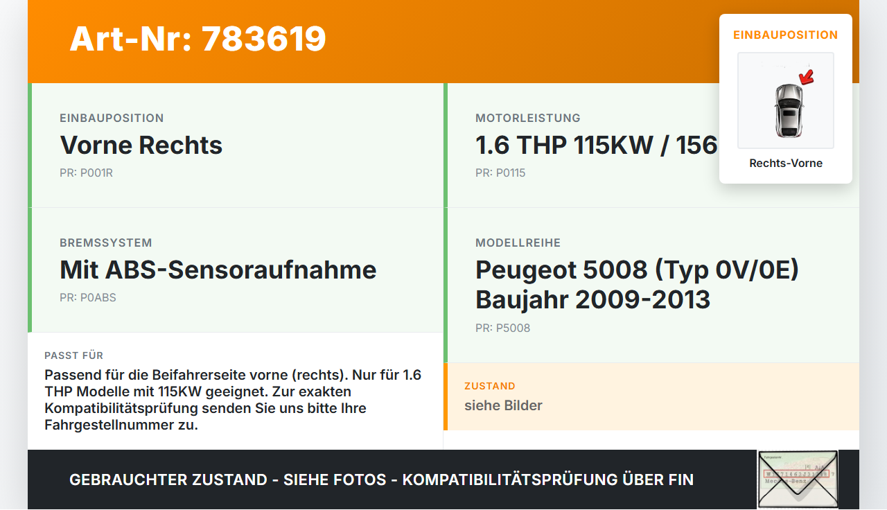 Peugeot 5008 09-13 THP 1,6 115KW Achsschenkel Radnabe mit ABS Rechts Vorne Peugeot 5008 09-13 12.01.2011 1606631080... Vorschau 3