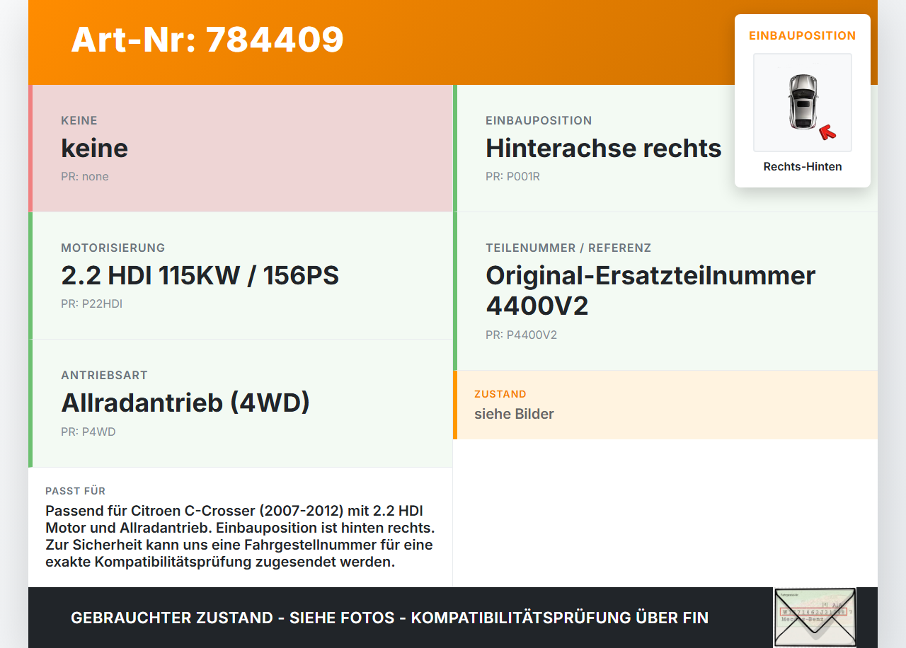 Citroen C-Crosser 07-12 HDI 2,2 115KW Bremssattel Bremszange Hinten Rechts Citroen C-Crosser 07-12 23.01.2008... Vorschau 3