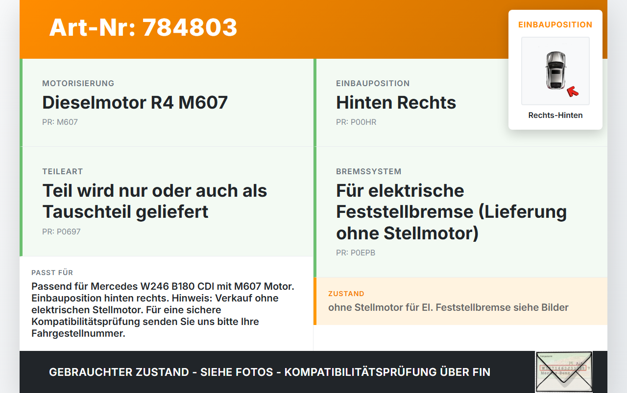 Mercedes W246 B180 14-18 CDI 1,5 80KW Bremssattel Bremszange Hinten Rechts Mercedes W246 B180 14-18 22.05.2015... Vorschau 3