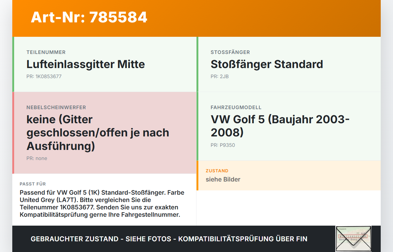 VW Golf 5 V 1K 03-08 Lufteinlassgitter für Stoßstange Stoßfänger LA7T VW Golf 5 V 1K 03-08 15.04.2005 1K0853677... Vorschau 3