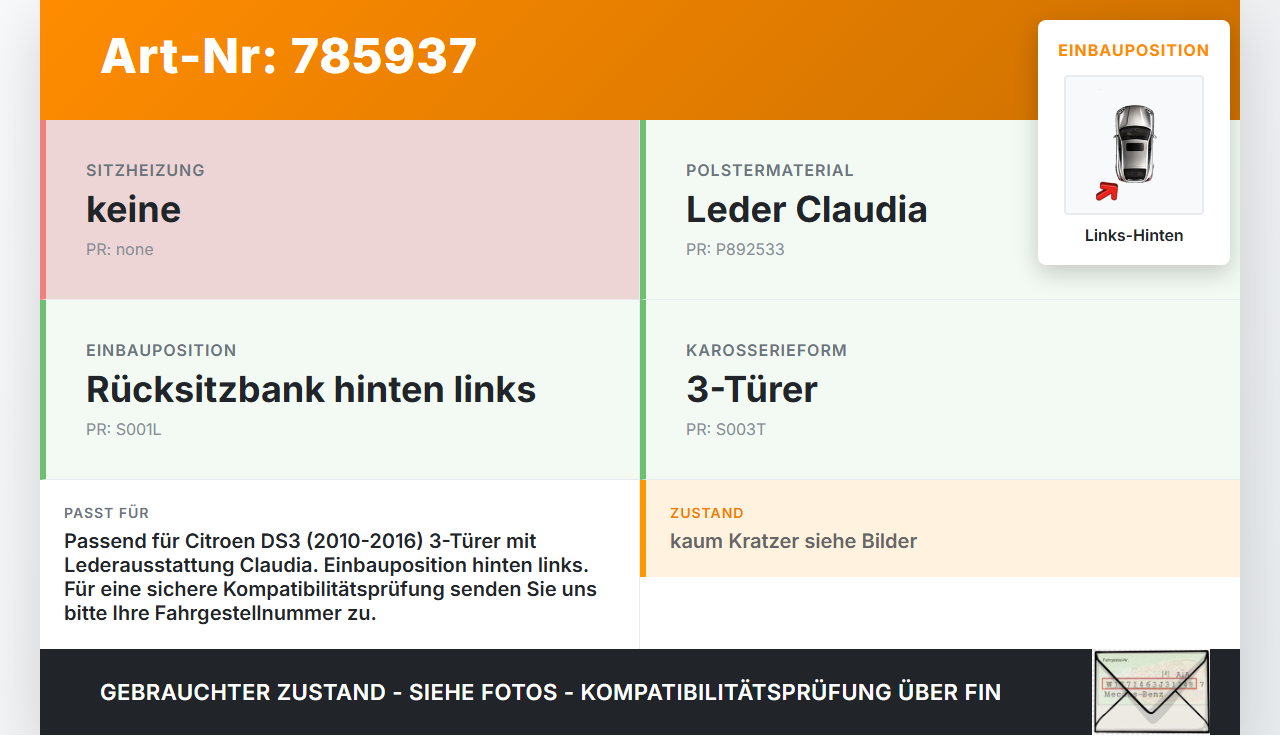 Citroen DS3 10-16 3T Leder Rückenpolster Links für Rücksitzbank Hinten Citroen DS3 10-16 08.03.2010 892533 gebraucht Vorschau 3