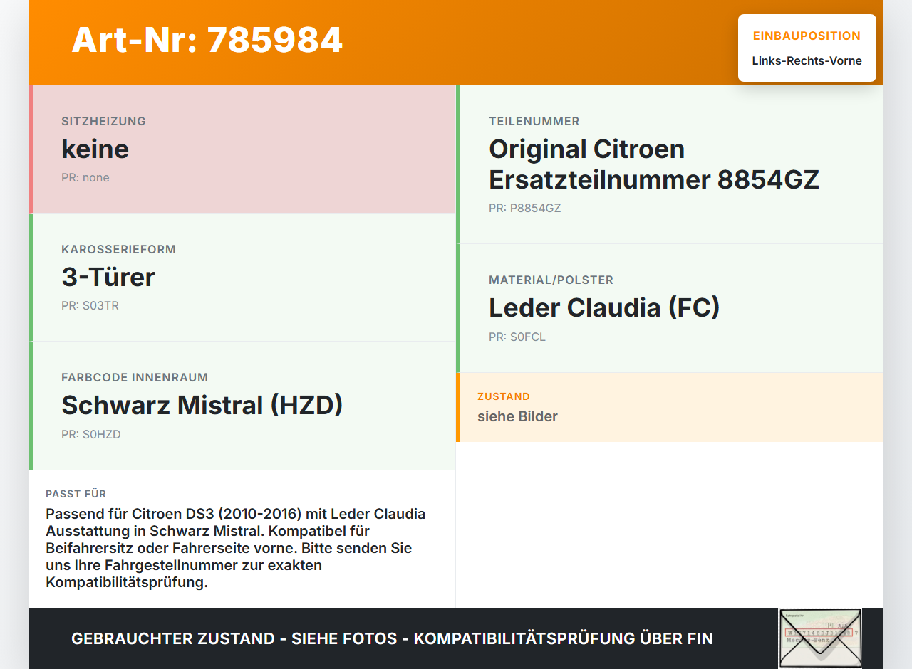 Citroen DS3 10-16 3T Leder Kopfstütze für Beifahrer Sitz Rechts oder Links Vorne Citroen DS3 10-16 08.03.2010... Vorschau 3