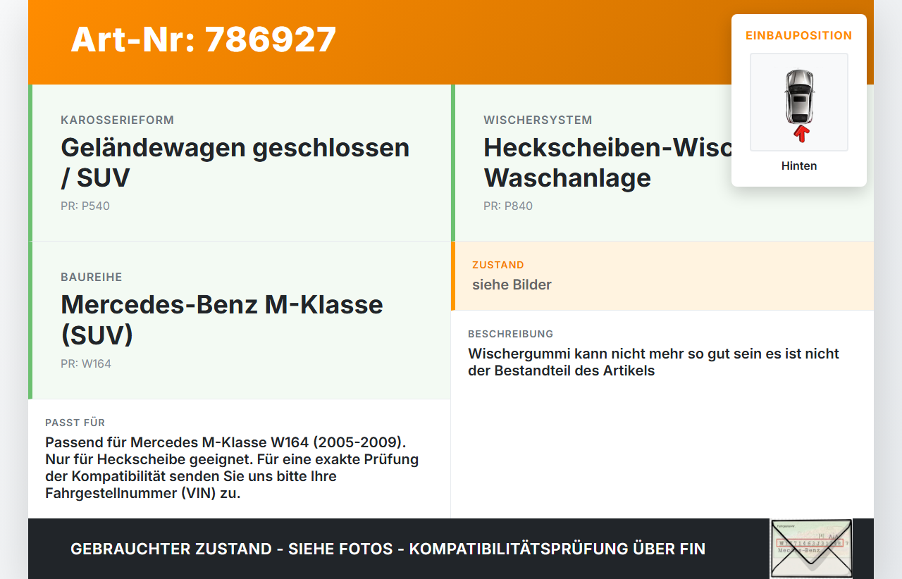 Mercedes W164 ML420 05-09 Heckwischer Scheibenwischer Hinten Wischarm Mercedes W164 ML420 05-09 17.11.2006... Vorschau 3
