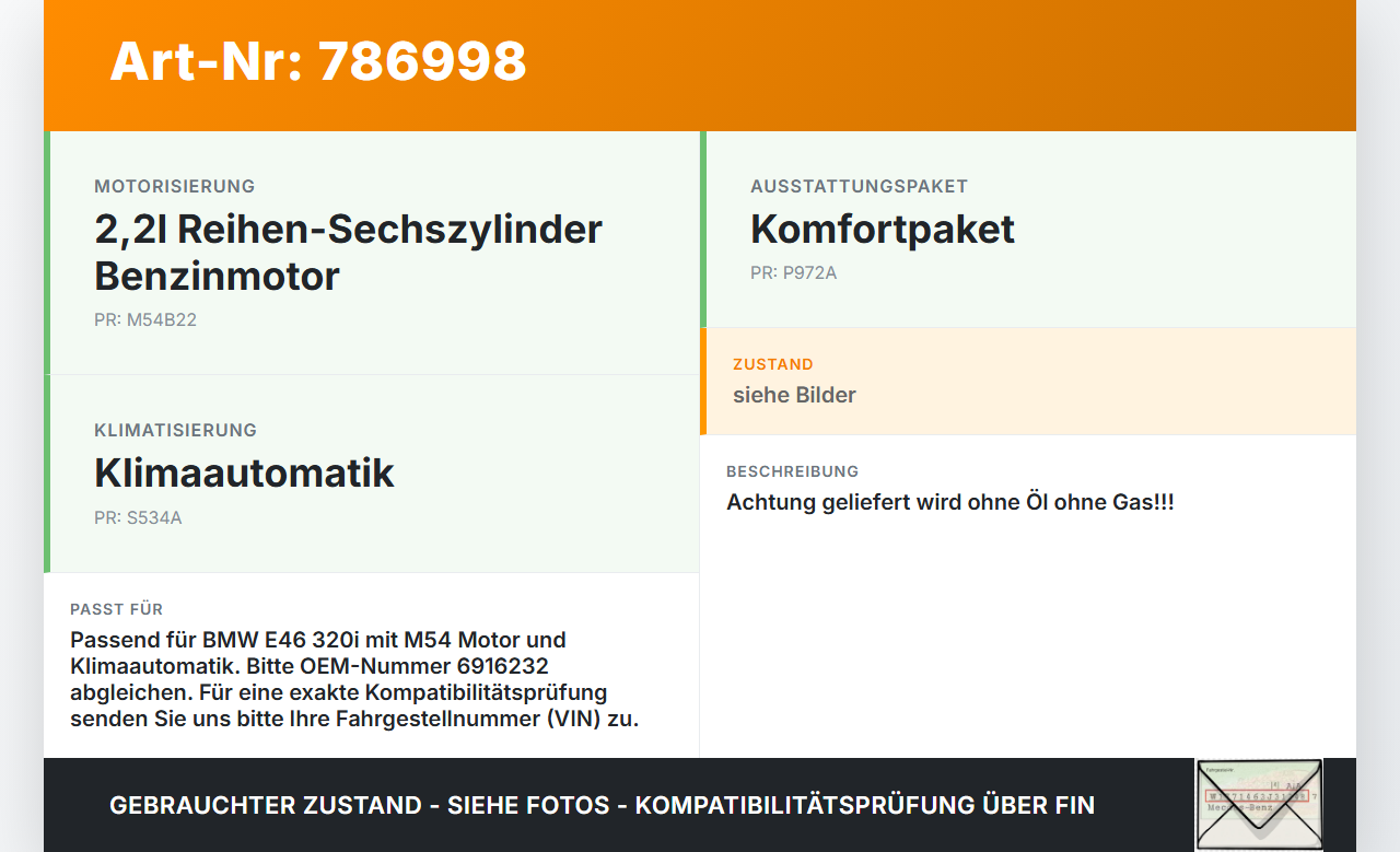 BMW E46 3er 320i 01-05 2,2i 125KW Klimakompressor Klima Kompressor BMW E46 3er 320i 01-05 20.07.2004 6452-6916232... Vorschau 3