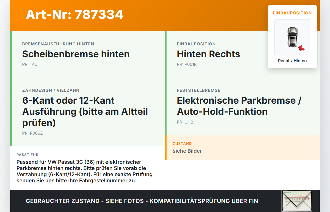 VW Passat 3C B6 05-10 Stellmotor für Elektr. Feststellbremse Rechts Hinten VW Passat 3C B6 05-10 17.10.2006... Vorschau 3