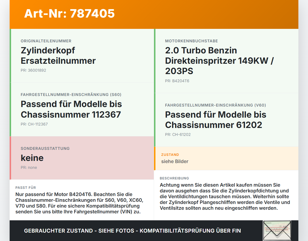 Volvo S60 V60 II 11-18 2,0T 149KW B4204T6 Zylinderkopf Volvo S60 V60 II 11-18 28.12.2010 36001892 gebraucht Vorschau 3