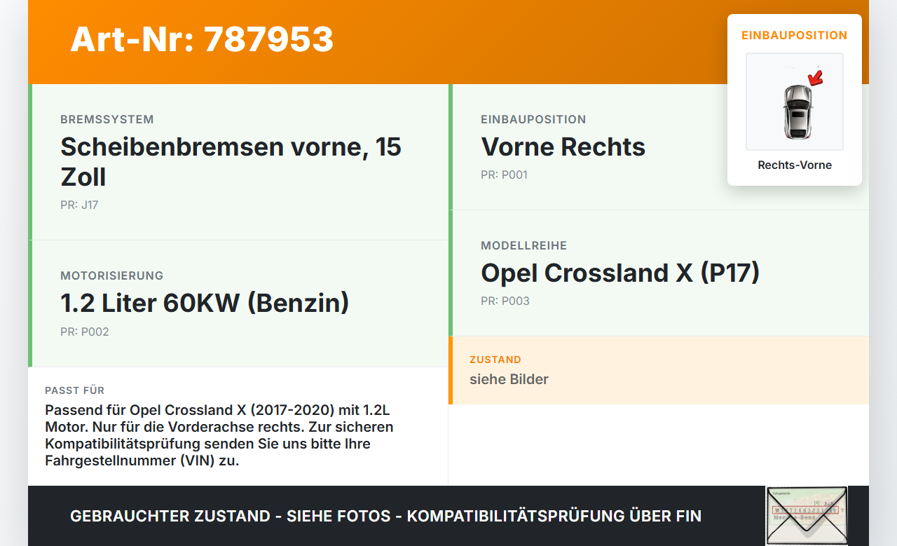 Opel Crossland X P17 17-20 1,2 60KW Bremssattel Bremszange Vorne Rechts Opel Crossland X P17 17-20 11.10.2018... Vorschau 3