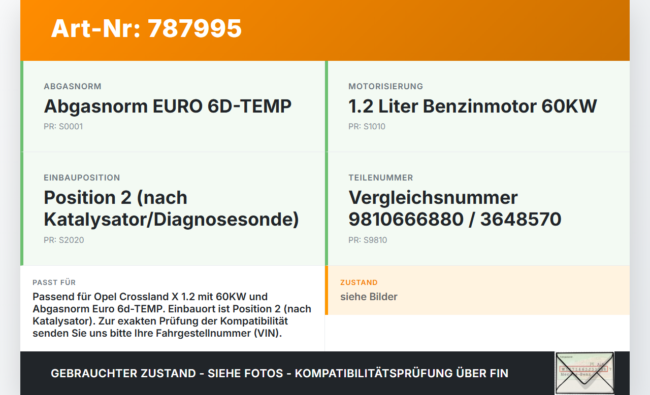 Opel Crossland X P17 17-20 1,2 60KW Lambdasonde Pos.2 Opel Crossland X P17 17-20 11.10.2018 9810666880 0258027151... Vorschau 3