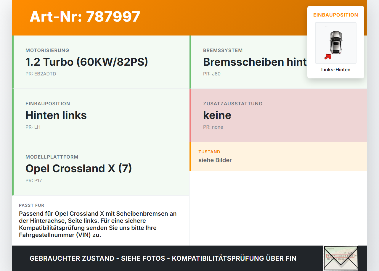 Opel Crossland X P17 17-20 1,2 60KW Bremssattel Bremszange Hinten Links Opel Crossland X P17 17-20 11.10.2018... Vorschau 3