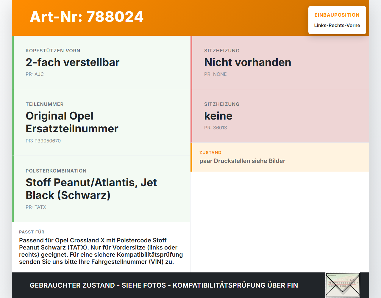 Opel Crossland X P17 17-20 Kopfstütze für Fahrer Sitz Rechts oder Links Vorne Opel Crossland X P17 17-20 11.10.2018... Vorschau 3