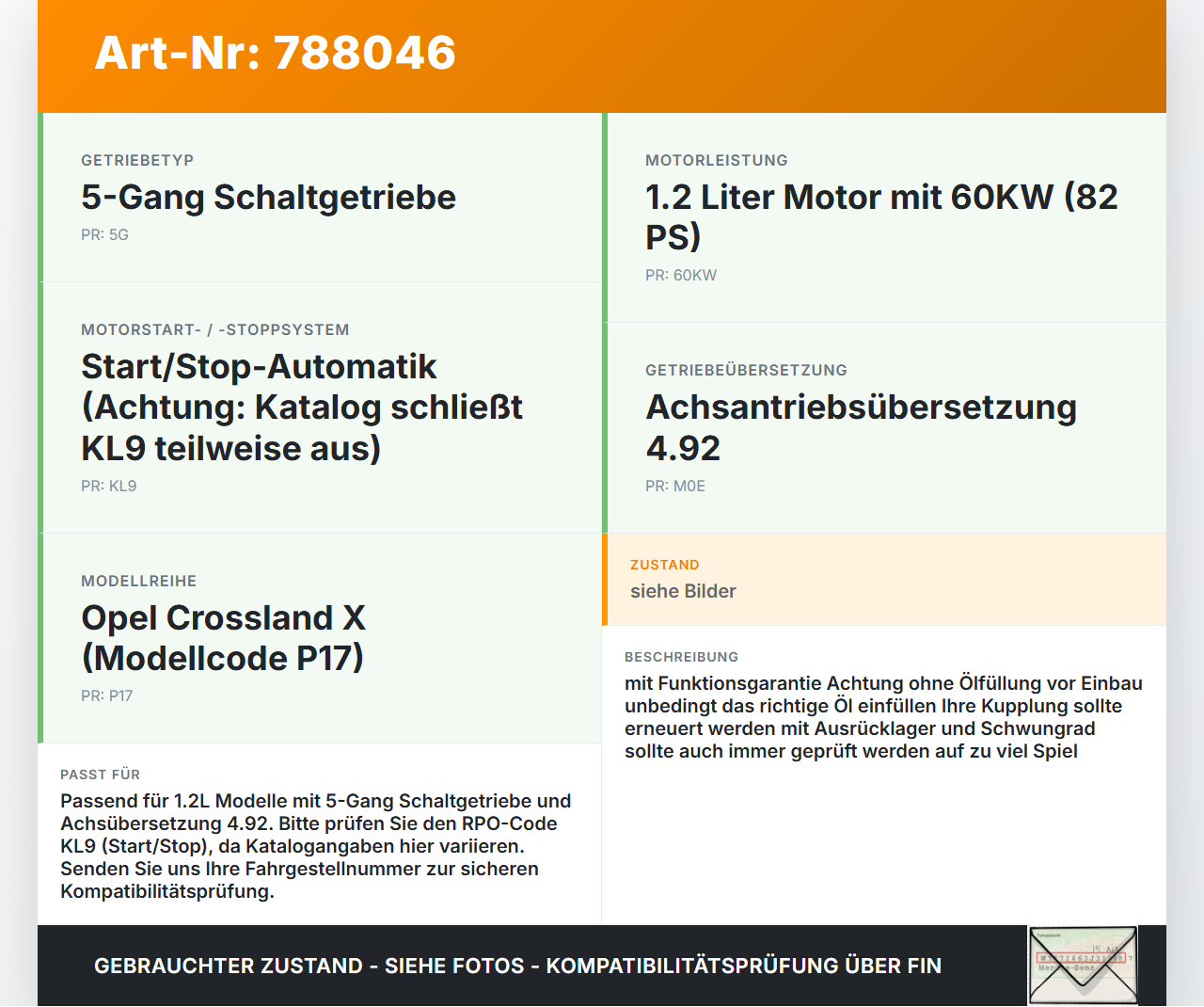Opel Crossland X P17 17-20 1,2 60KW M0E Schaltgetriebe Getriebe 5G KL9 4,92 Opel Crossland X P17 17-20 11.10.2018... Vorschau 3
