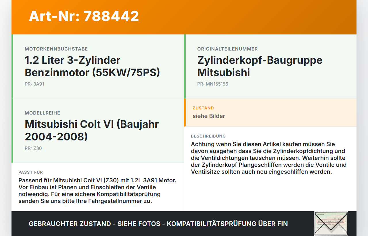 Mitsubishi Colt VI Z30 04-08 1,2 55KW 3A91 Zylinderkopf Mitsubishi Colt VI Z30 04-08 22.09.2004 MN155156 gebraucht Vorschau 3