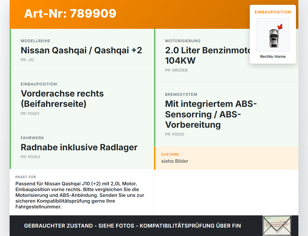Nissan Qashqai J10 +2 10-13 2,0 104KW Achsschenkel Radnabe mit ABS Rechts Vorne Nissan Qashqai J10 +2 10-13... Vorschau 3