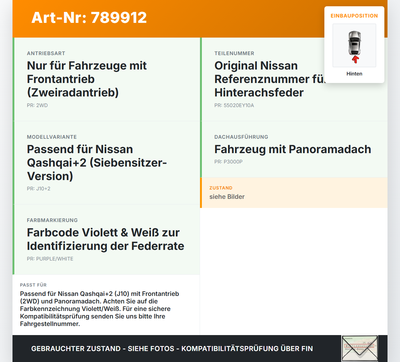 Nissan Qashqai J10 +2 10-13 Beide Feder Federn Hinten Nissan Qashqai J10 +2 10-13 01.12.2010 55020EY10A gebraucht Vorschau 3