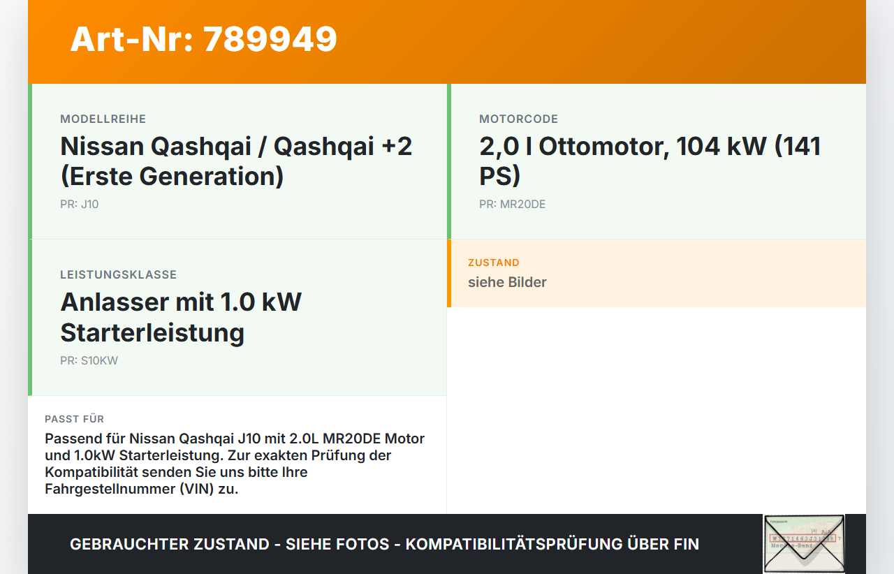 Nissan Qashqai J10 +2 10-13 2,0 104KW Anlasser Starter 1.0kW Nissan Qashqai J10 +2 10-13 01.12.2010 S114902B... Vorschau 3