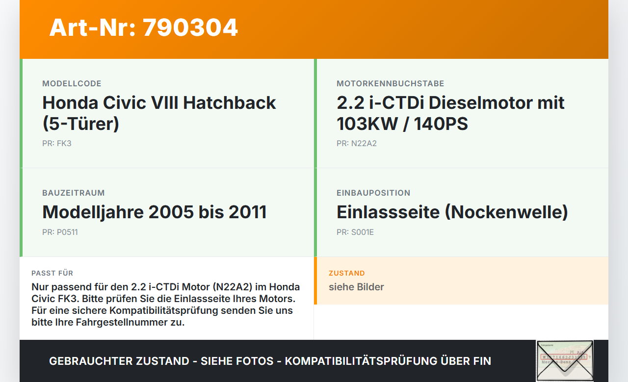 Honda Civic VIII FK3 05-11 2,2 i-CTDi 103KW N22A2 Nockenwelle Einlass Honda Civic VIII FK3 05-11 01.06.2006... Vorschau 3
