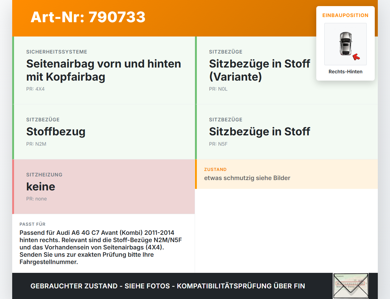 Audi A6 4G C7 11-14 qu Kombi Seitenpolster Rechts für Rücksitzbank Hinten Audi A6 4G C7 11-14 qu 13.04.2013... Vorschau 3