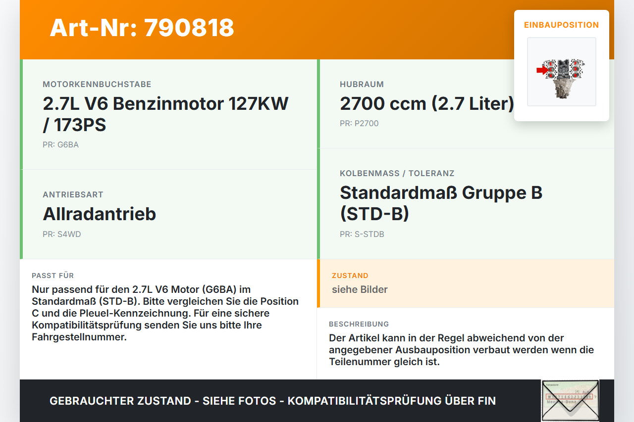 Hyundai Santa Fe I SM 00-04 V6 2,7 127KW G6BA Kolben mit Pleuel Pos C Hyundai Santa Fe I SM 00-04 30.04.2003... Vorschau 3