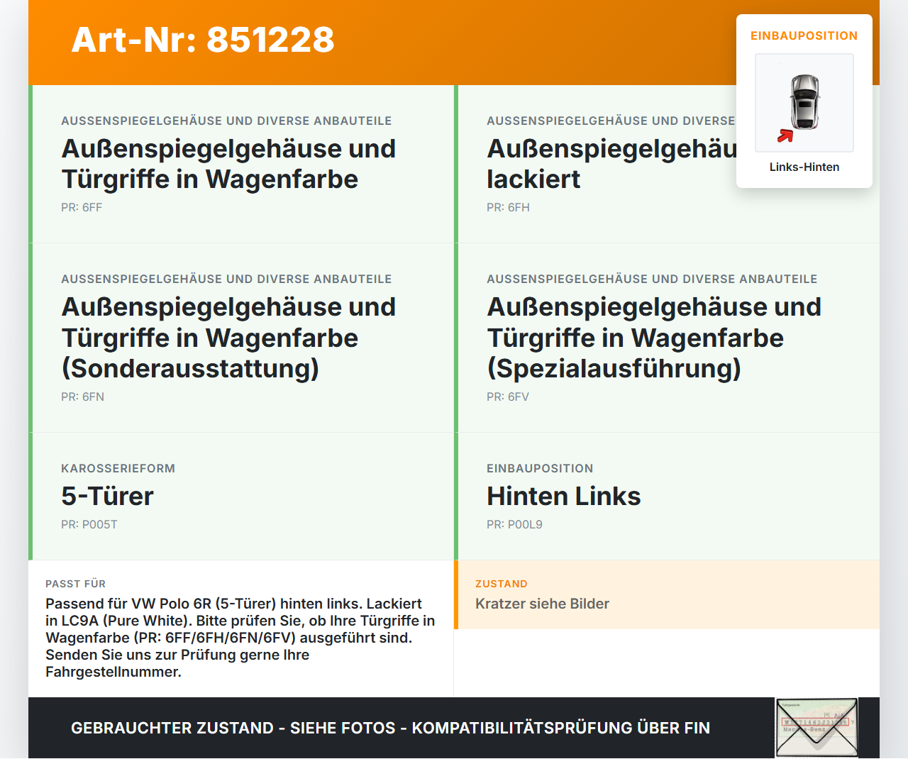 VW Polo V 6R 14-17 5T Türgriff Griff aussen Links Hinten LC9A VW Polo V 6R 14-17 16.12.2014 5N0837205M gebraucht Vorschau 3