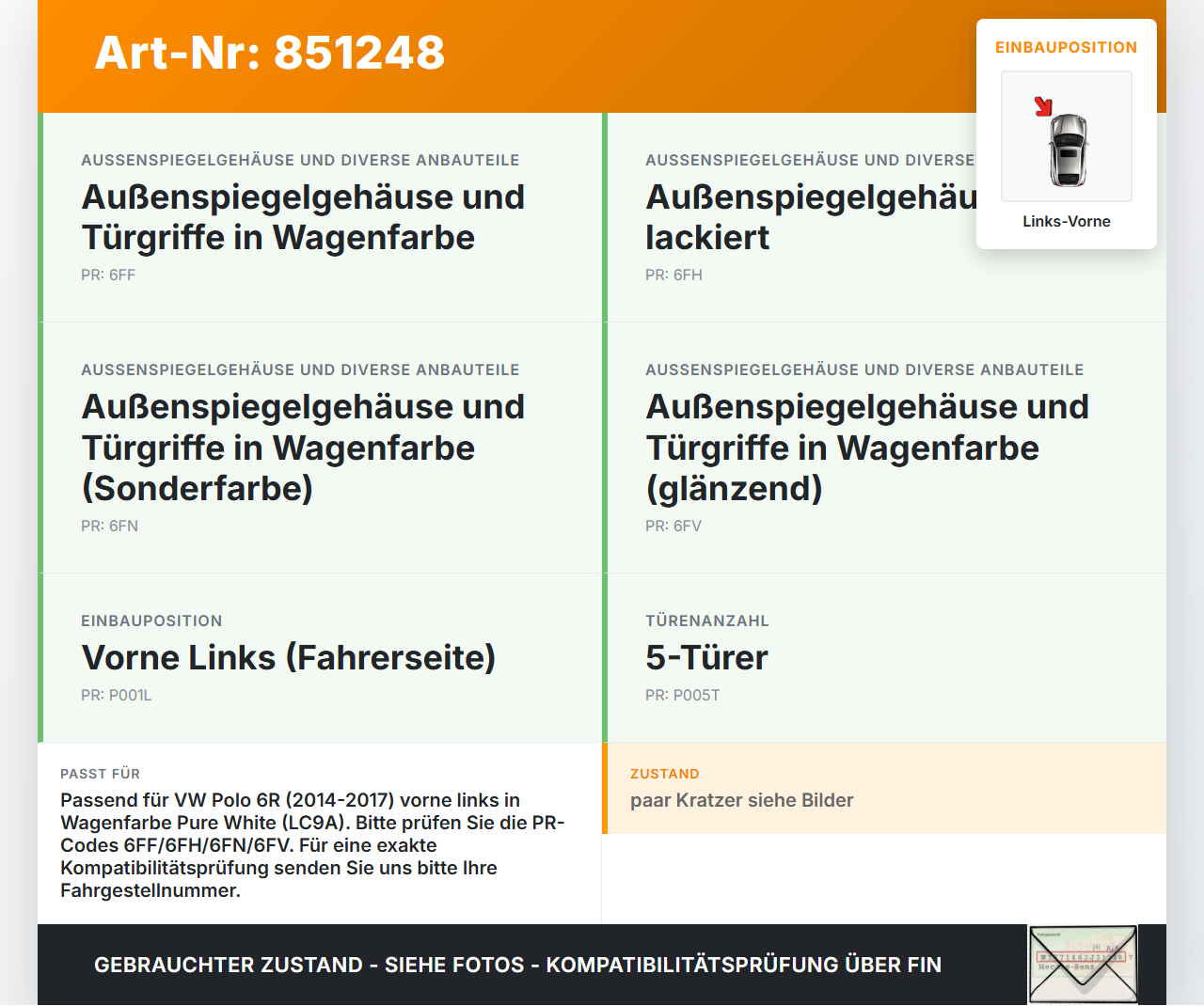 VW Polo V 6R 14-17 5T Türgriff Griff aussen Links Vorne LC9A VW Polo V 6R 14-17 16.12.2014 5N0837205M gebraucht Vorschau 3