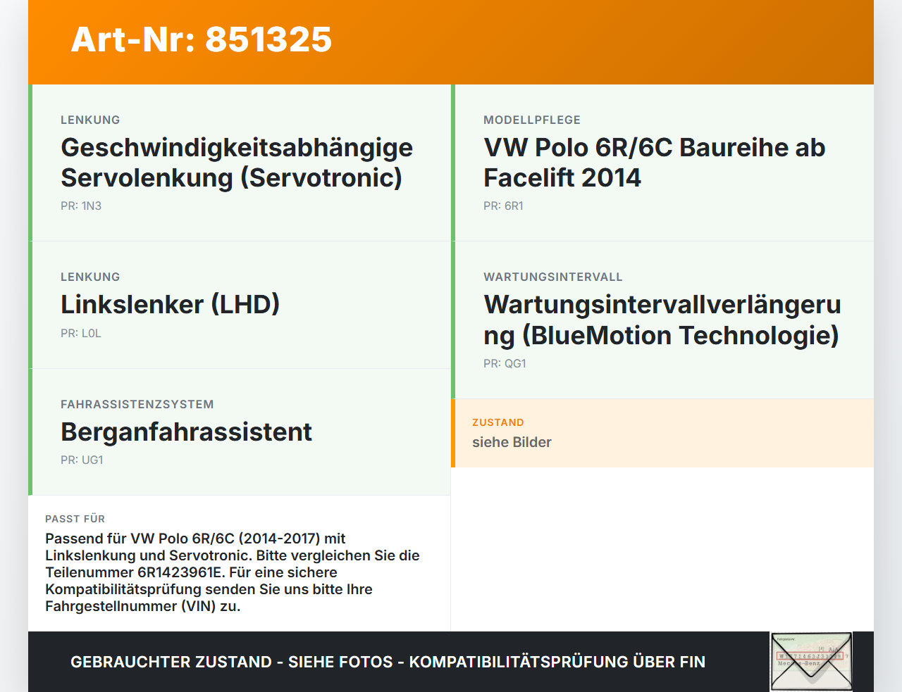 VW Polo V 6R 14-17 Lenkungsteil Kreuzgelenk VW Polo V 6R 14-17 16.12.2014 6R1423961E 6R1423961 A0034362E gebraucht Vorschau 3