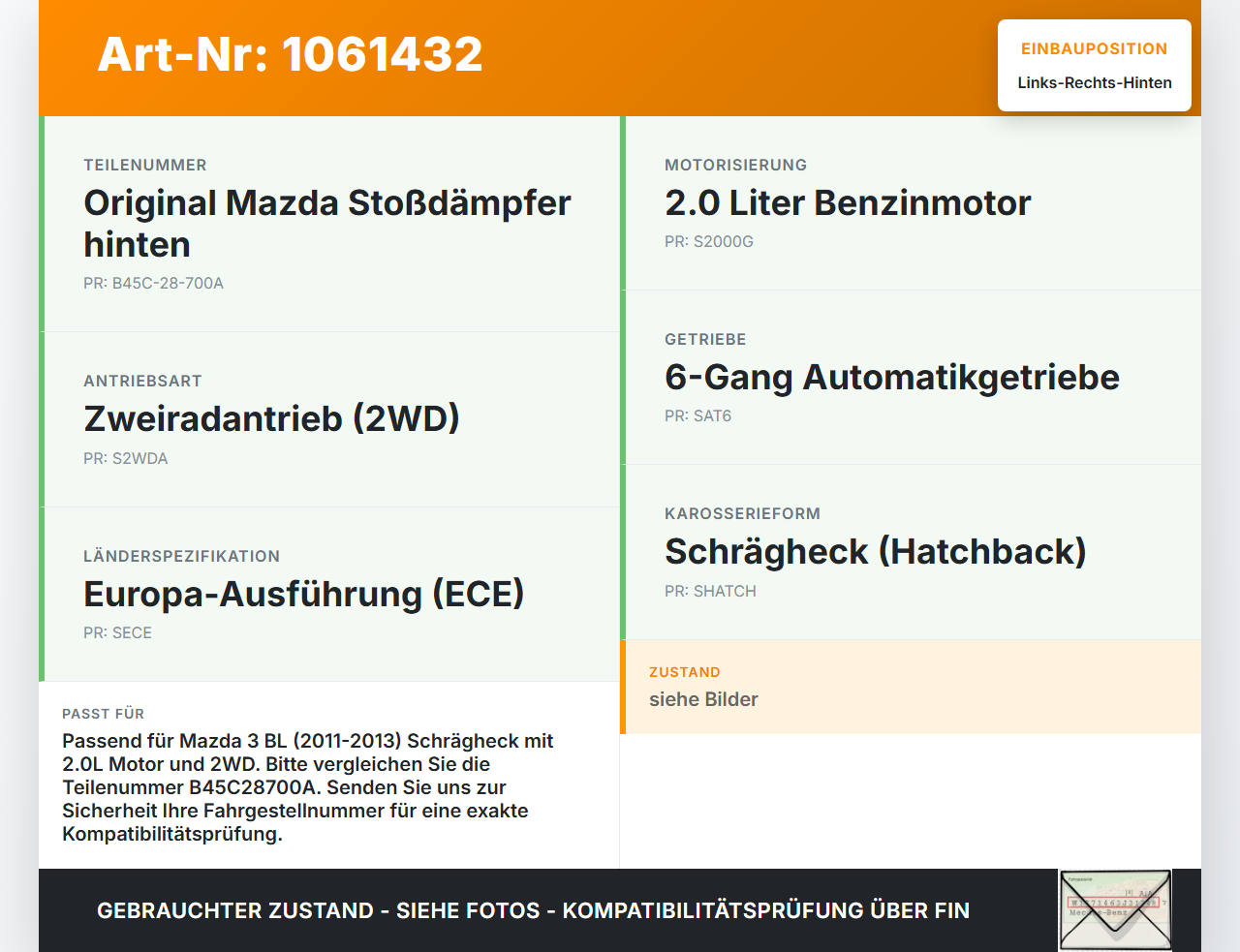 Mazda 3 BM 13-17 Stossdämpfer Links und Rechts Hinten Mazda 3 BM 13-17 19.11.2013 B45C28700A 130724-A gebraucht Vorschau 3
