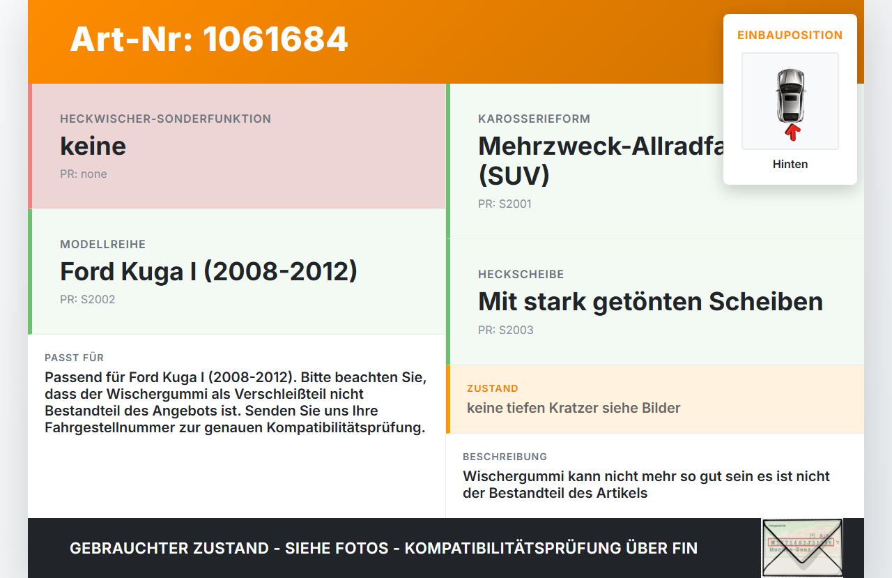 Ford Kuga I 08-12 Heckwischer Scheibenwischer Hinten Wischarm Ford Kuga I 08-12 05.11.2010 gebraucht Vorschau 3