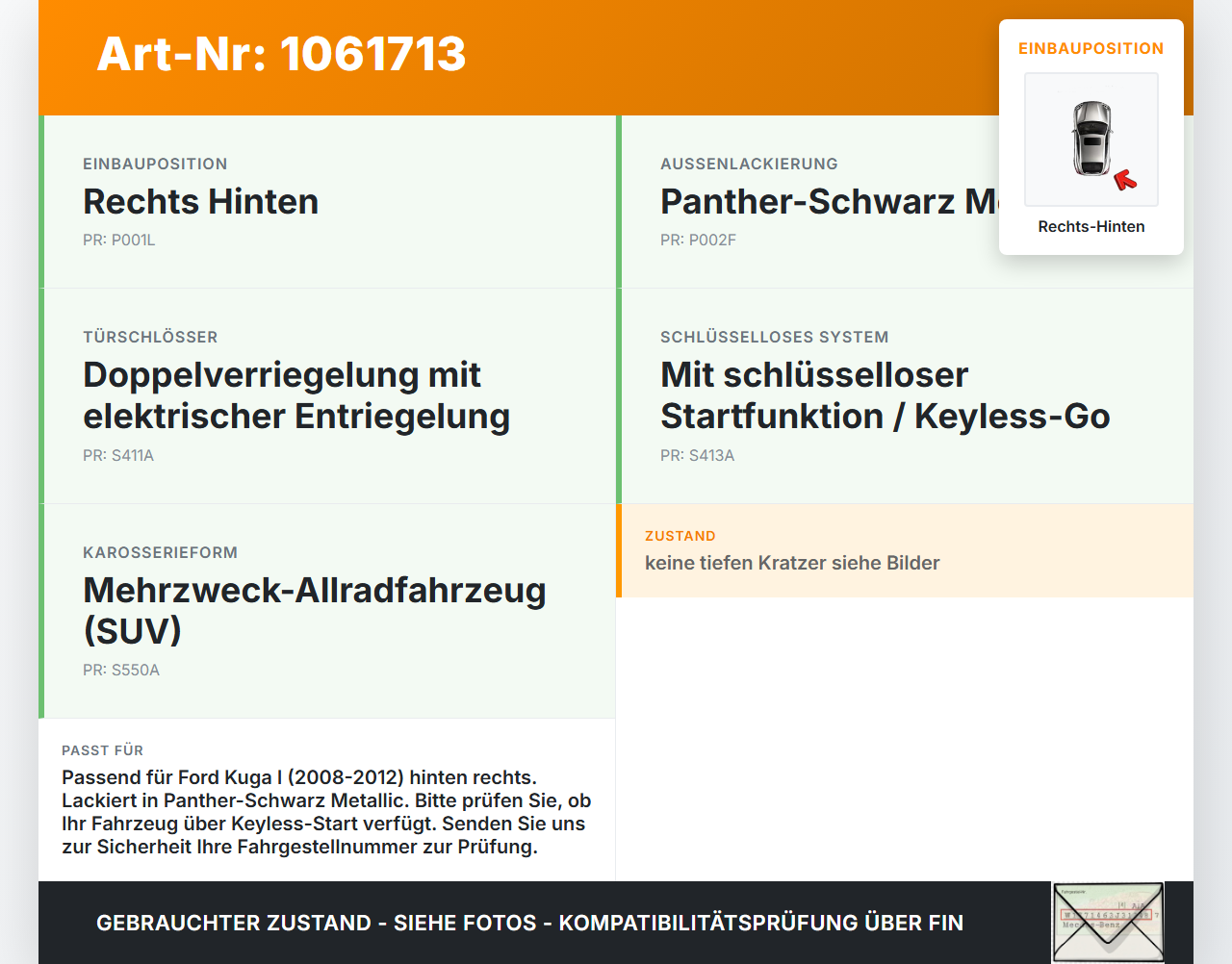 Ford Kuga I 08-12 Türgriff Griff aussen Rechts Hinten F8 Ford Kuga I 08-12 05.11.2010 gebraucht Vorschau 3