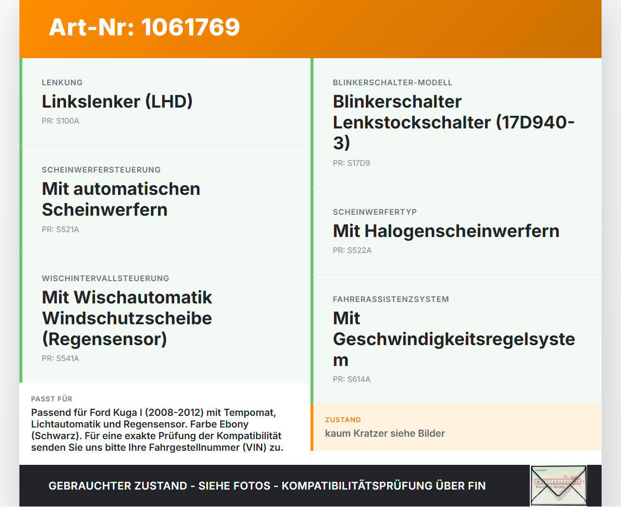 Ford Kuga I 08-12 Blinkerschalter Lenkstockschalter Blinker Ford Kuga I 08-12 05.11.2010 17D940-3 gebraucht Vorschau 3