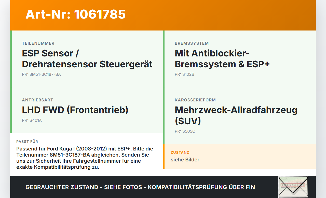 Ford Kuga I 08-12 ESP Sensor Steuergerät Drehratensensor Ford Kuga I 08-12 05.11.2010 10.1701-0648.3 gebraucht Vorschau 3