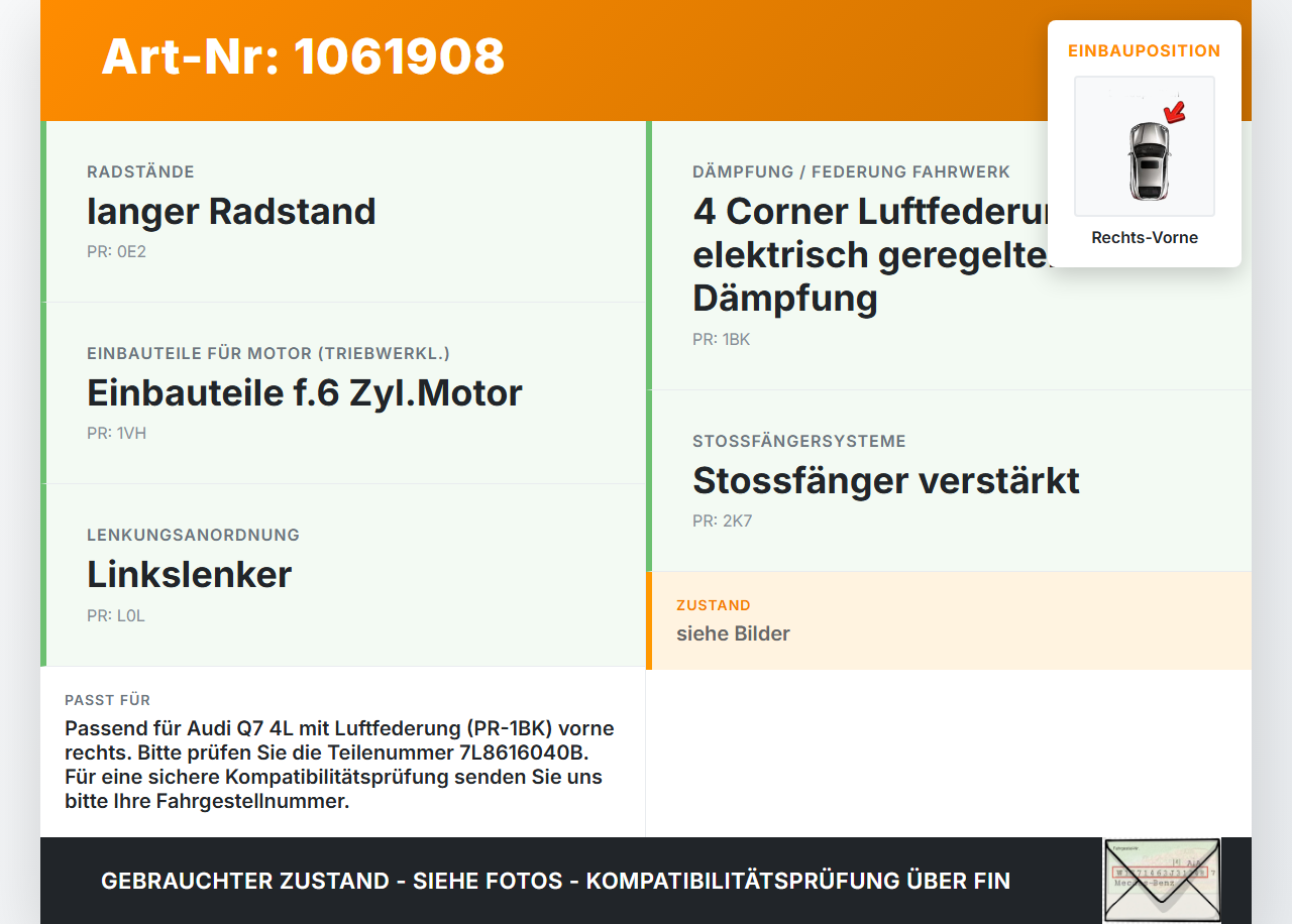Audi Q7 4L 05-09 Stossdämpfer Federbein Vorne Rechts Audi Q7 4L 05-09 26.06.2007 7L8616040B 15.1400-0488.4... Vorschau 3