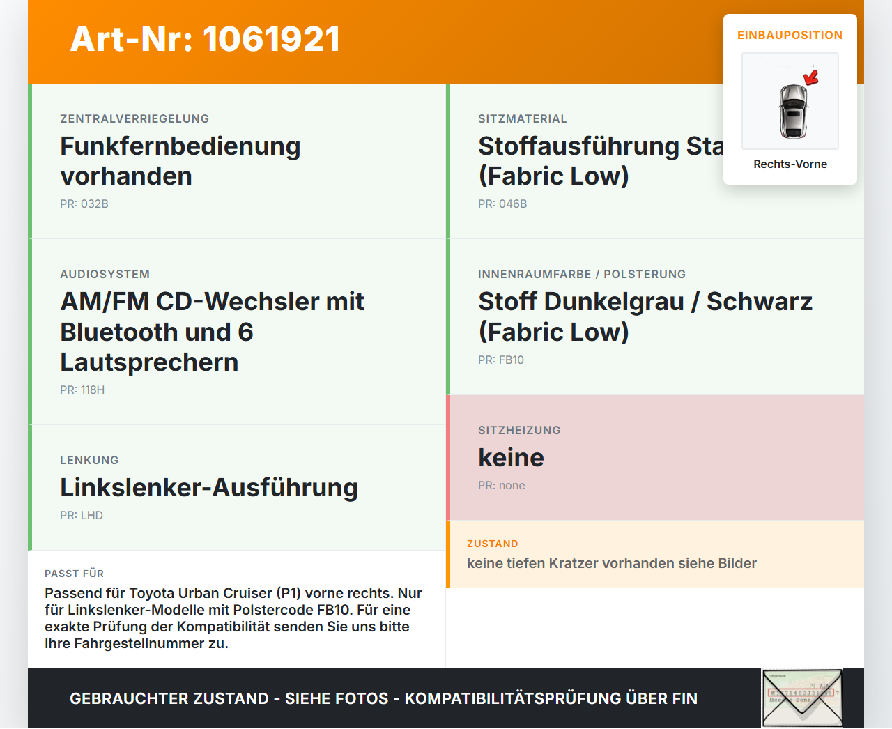 Toyota Urban Cruiser P1 09-14 Türverkleidung Türpappe Rechts Vorne Toyota Urban Cruiser P1 09-14 21.07.2009 gebraucht Vorschau 3
