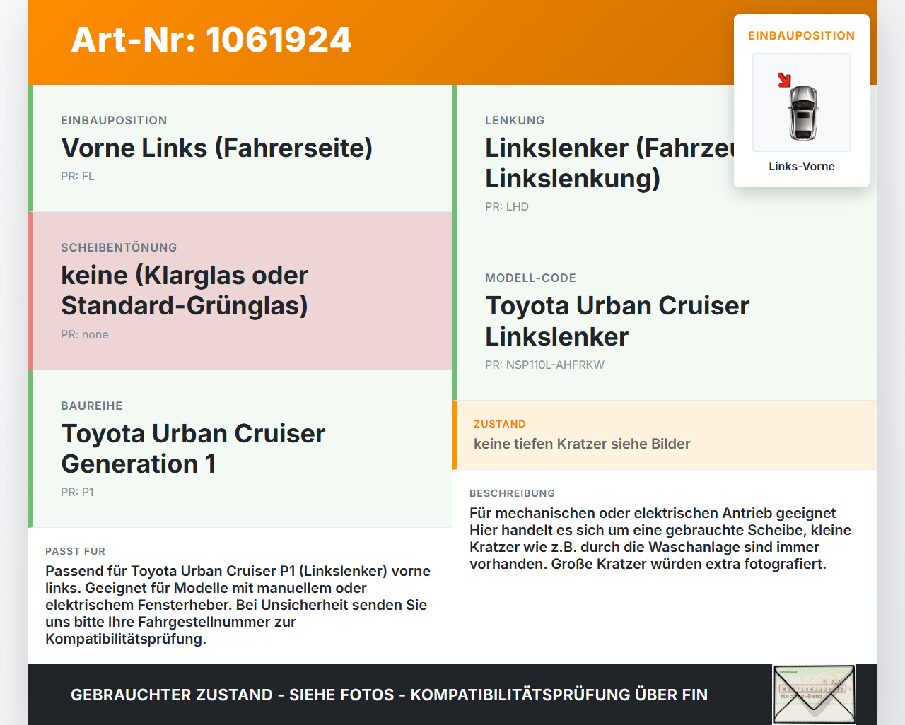Toyota Urban Cruiser P1 09-14 Seitenscheibe LVK Fenster Türscheibe Links Vorne Toyota Urban Cruiser P1 09-14... Vorschau 3