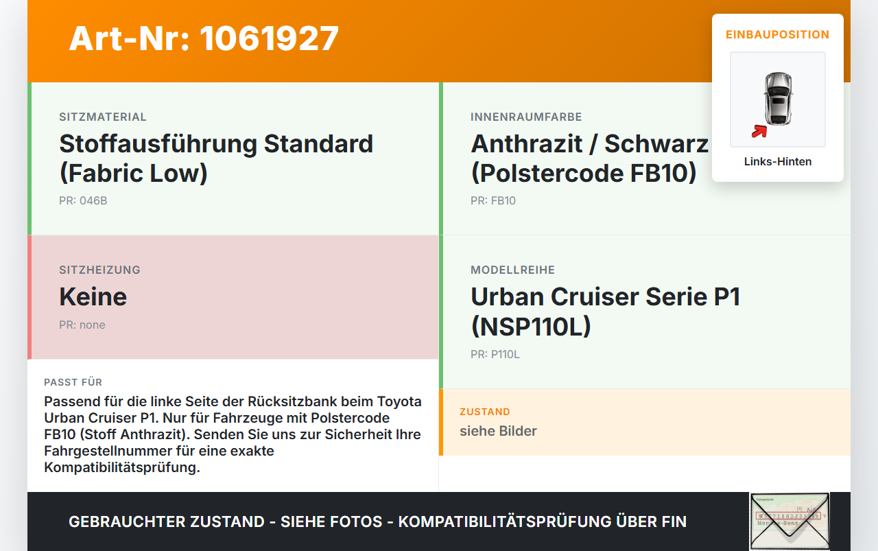 Toyota Urban Cruiser P1 09-14 Sitzbezug Sitzpolster Links für Rücksitzbank Hinten Toyota Urban Cruiser P1 09-14... Vorschau 3