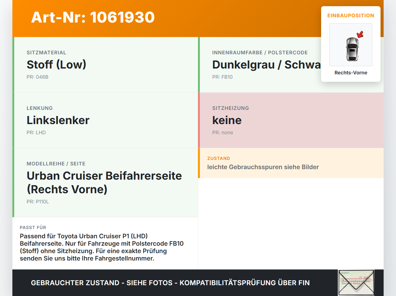 Toyota Urban Cruiser P1 09-14 Sitzbezug Sitzpolster für Beifahrersitz Rechts Vorne Toyota Urban Cruiser P1 09-14... Vorschau 3