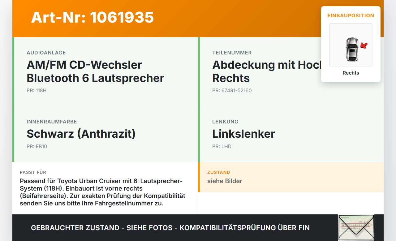 Toyota Urban Cruiser P1 09-14 Lautsprecher Hochtöner Rechts Toyota Urban Cruiser P1 09-14 21.07.2009 67491-52160... Vorschau 3