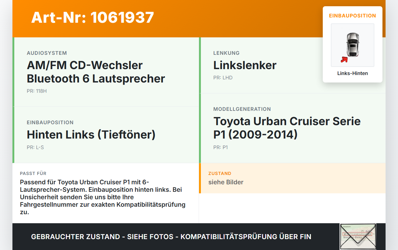Toyota Urban Cruiser P1 09-14 Lautsprecher Tieftöner Links Hinten Toyota Urban Cruiser P1 09-14 21.07.2009 gebraucht Vorschau 3