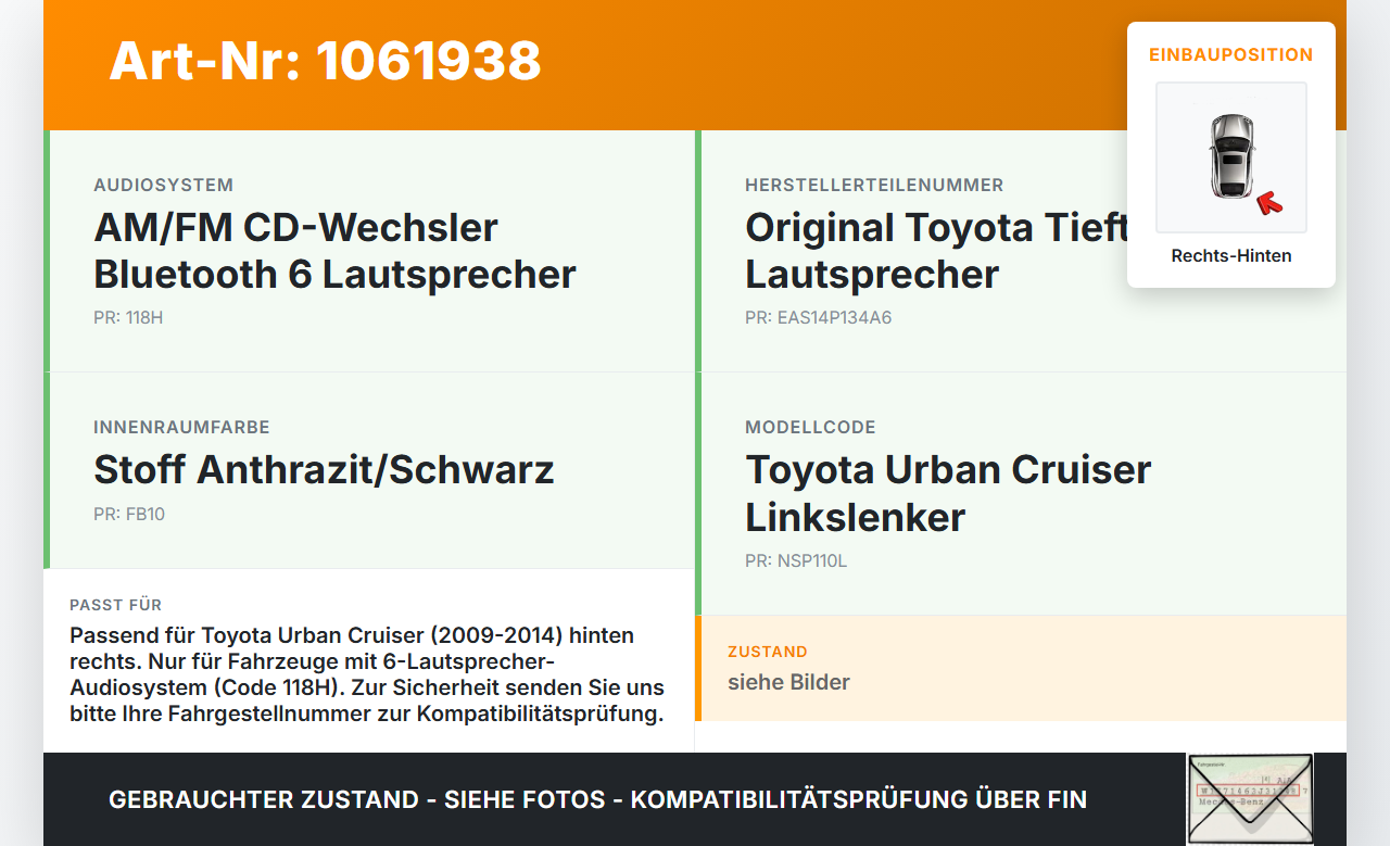 Toyota Urban Cruiser P1 09-14 Lautsprecher Tieftöner Rechts Hinten Toyota Urban Cruiser P1 09-14 21.07.2009... Vorschau 3